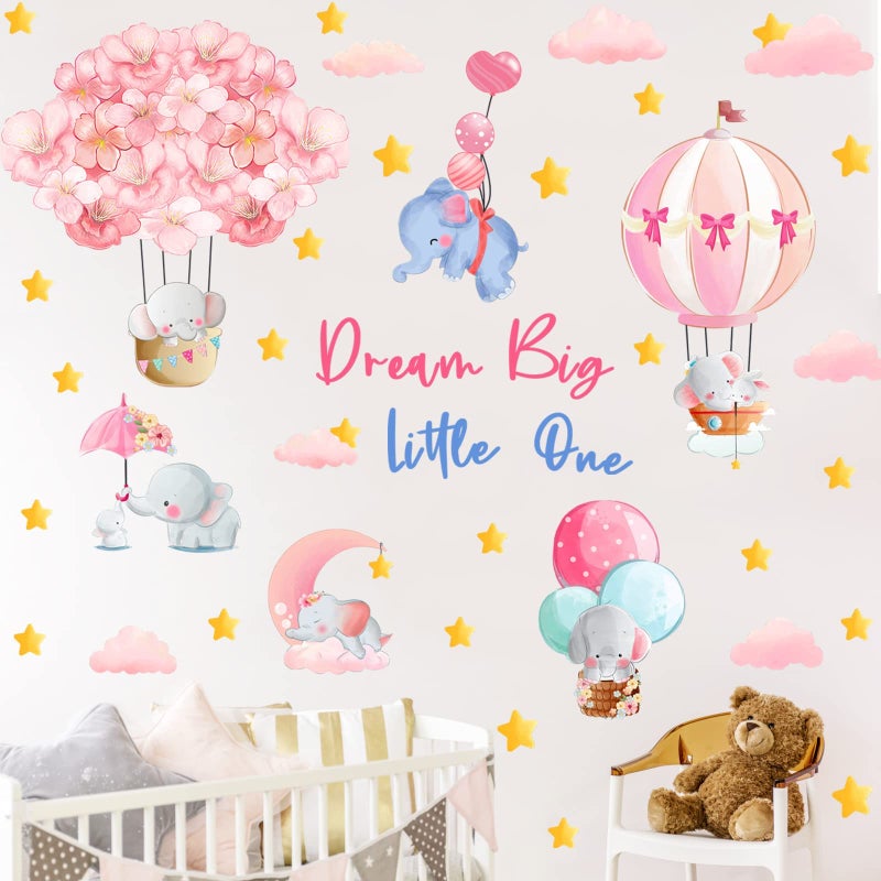 KOKOLAP Dream Big Little One Wall Stickers,Pink Elephant Wall Decals Nursery Decor,Flowers Hot Air Balloon Wall Sticker Baby Girl Room Decor,Cloud Stars Wall Decal for Kids Room Bedroom Playroom Decor - Image 4
